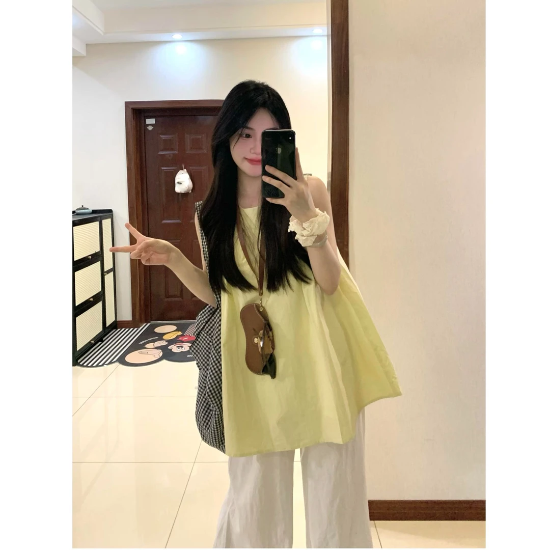 小清新减龄套装女夏季2025新款黄色无袖背心上衣高腰阔腿裤两件套