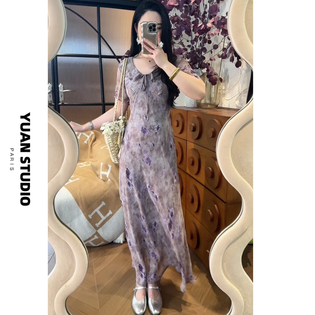 少量现！【香芋紫梦】法式复古彩花卉显瘦遮肉短袖气质优雅连衣裙