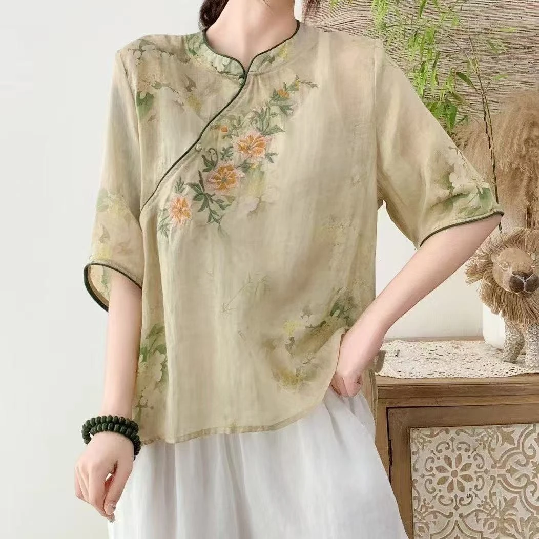 新中式国风薄款刺绣减龄衬衫大码女装斜襟盘扣圆领禅意茶服上衣夏