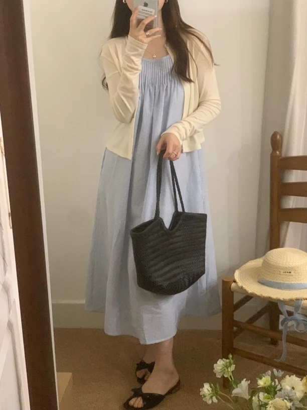 【蓝风铃】清新复古条纹吊带裙2025新款夏季气质宽松连衣裙女装