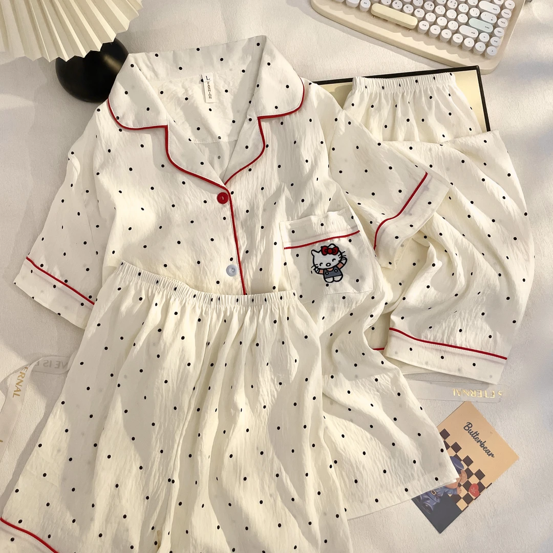 三件套kt猫睡衣女2025夏季新款甜美卡通短袖开衫家居服可外穿套装