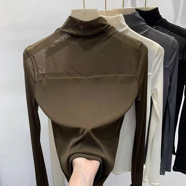 拼接T恤时尚长袖纯色修身半高领打底衫常规法式