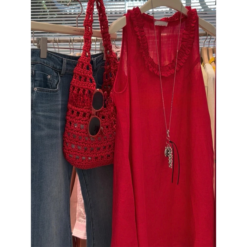 法式气质复古红色木耳边U领连衣裙女2025夏季时尚显瘦无袖背心裙