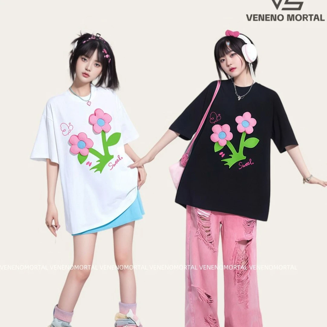 【立体花朵】2025夏季新款高品质重工T恤女甜美可爱学院风上衣ins