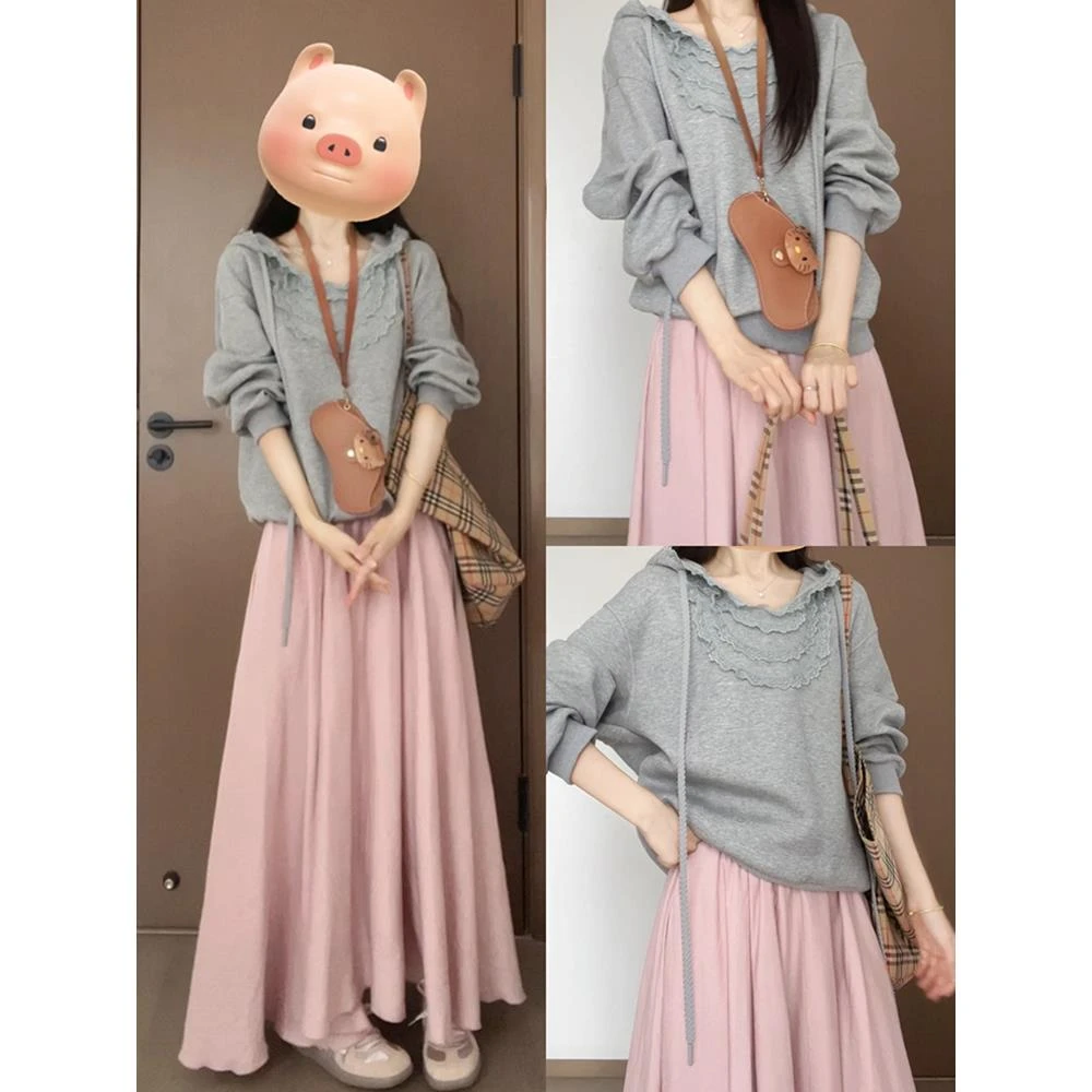 VOCKOO官方灰色蕾丝领连帽美国时尚品牌设计宽松运动衫2025秋季新