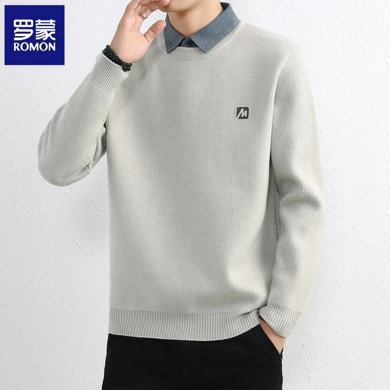 罗蒙假两件毛衣男秋冬季高级感加厚衬衫领针织衫男士商务简约线衣