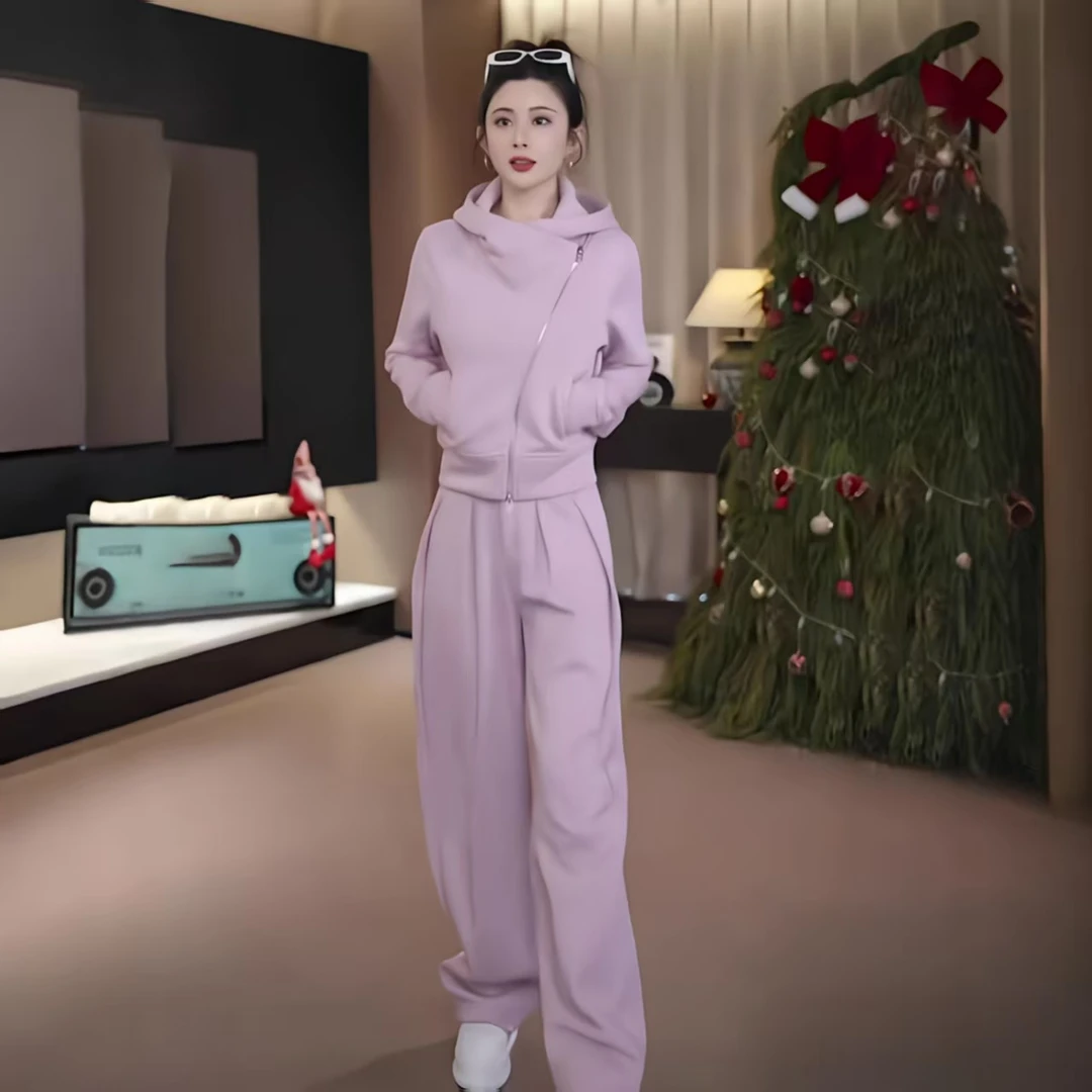 欧货2025秋新款时尚休闲运动服套装女洋气斜拉链卫衣韩版两件套