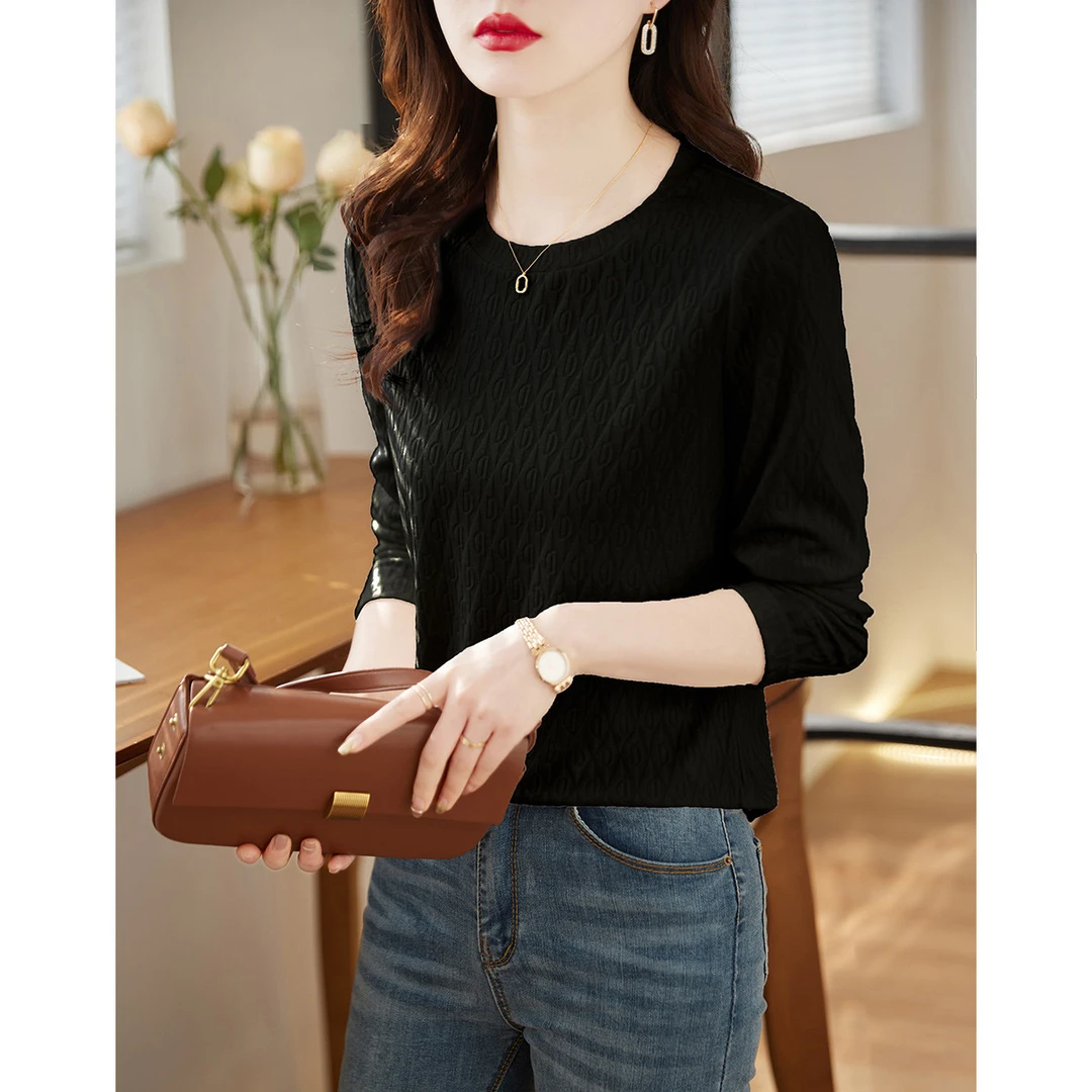 尚静美拉德针织T恤2024秋季新款字母提花肌理纯色优雅气质上衣