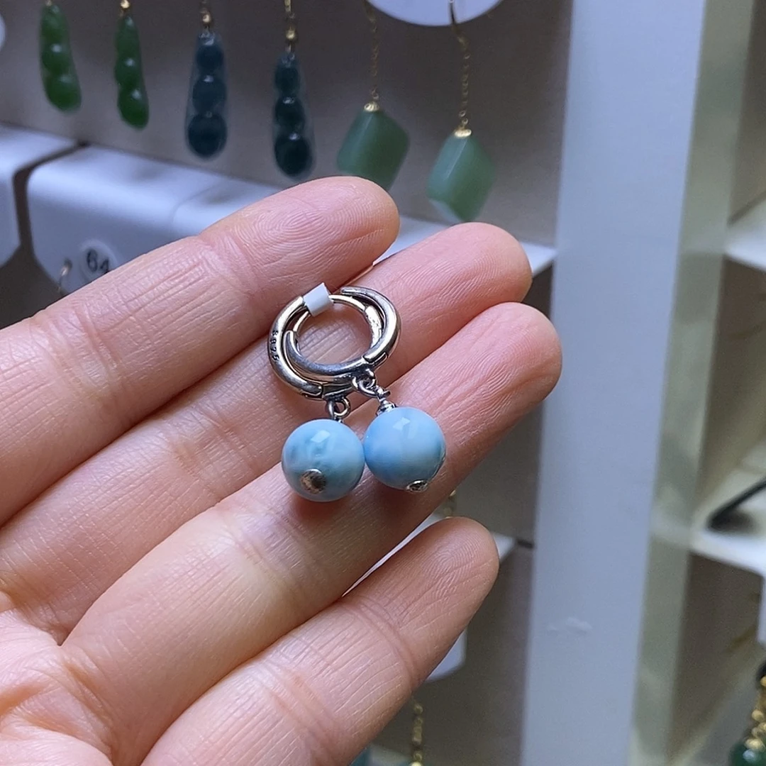 针钠钙石（海纹石）银S925镶嵌耳饰