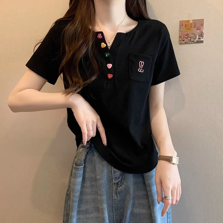 宽松休闲大码领短袖百搭显瘦微胖女士正肩恤财阀千金女装