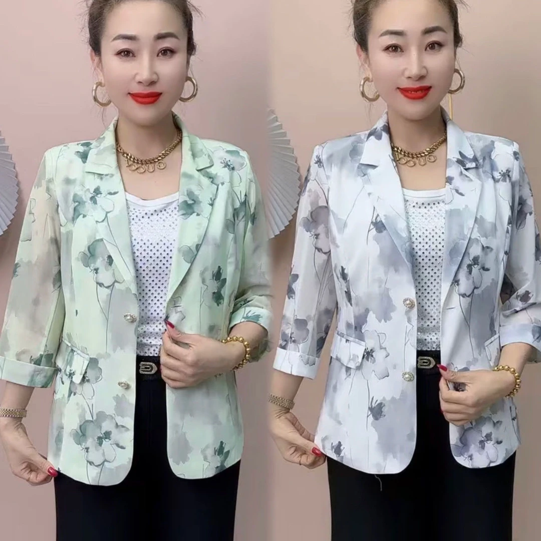 洋气花色薄款西服外套2025时尚西装短款印花新款潮流修身遮肉上衣
