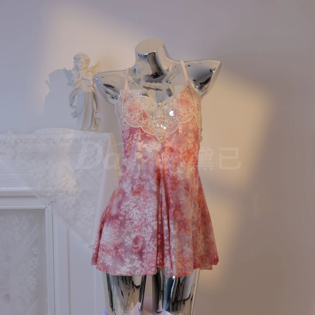 夏季性感烧花四季通用家居服套装常规款女粉色睡衣睡裙蕾丝印花