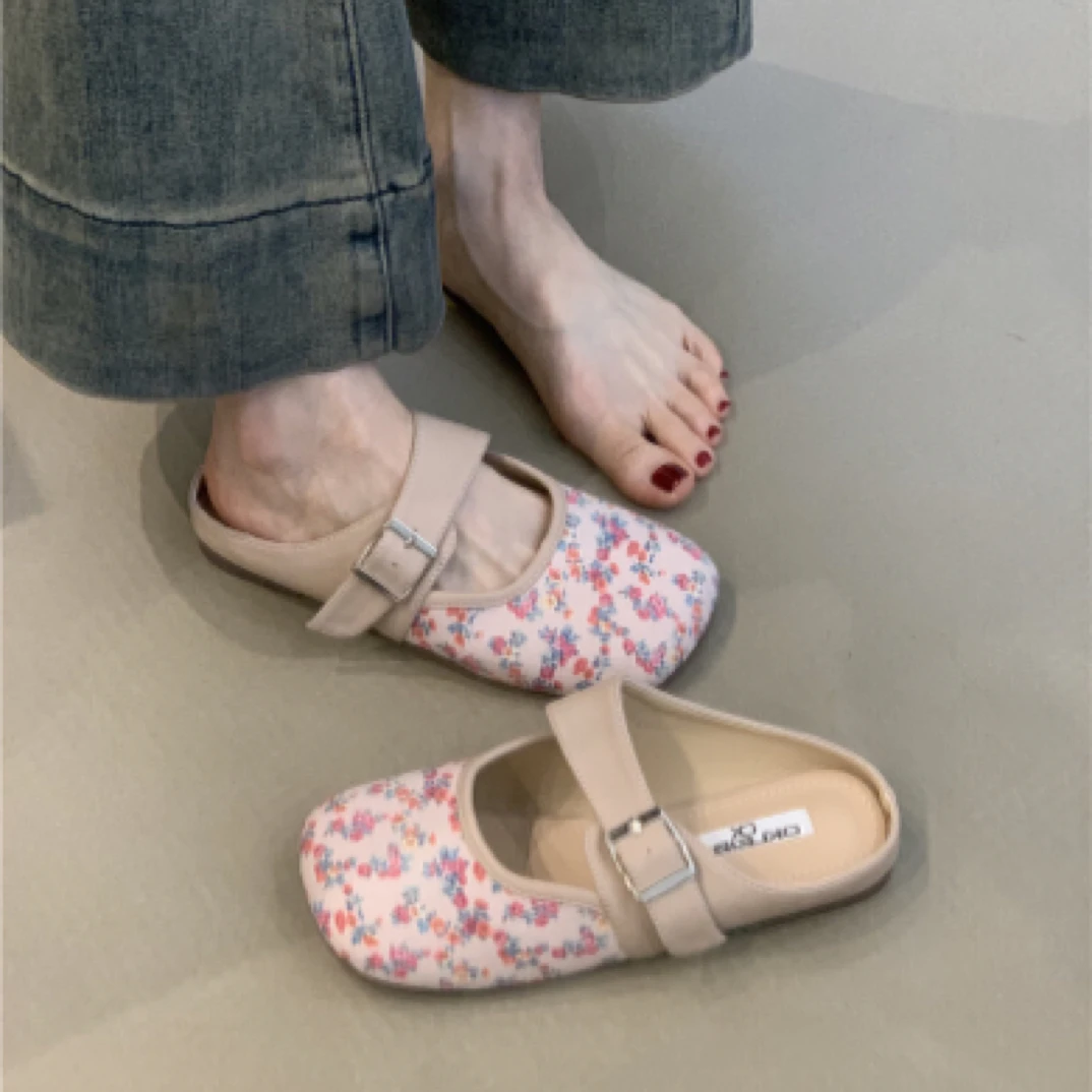 LB-739温柔仙女风包头半拖2025年法式优雅配裙子蕾丝懒人穆勒鞋
