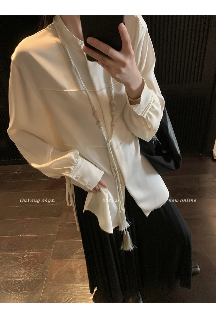 欧阳流苏绑带缎面衬衫女春季新款设计感小众宽松衬衣长袖上衣