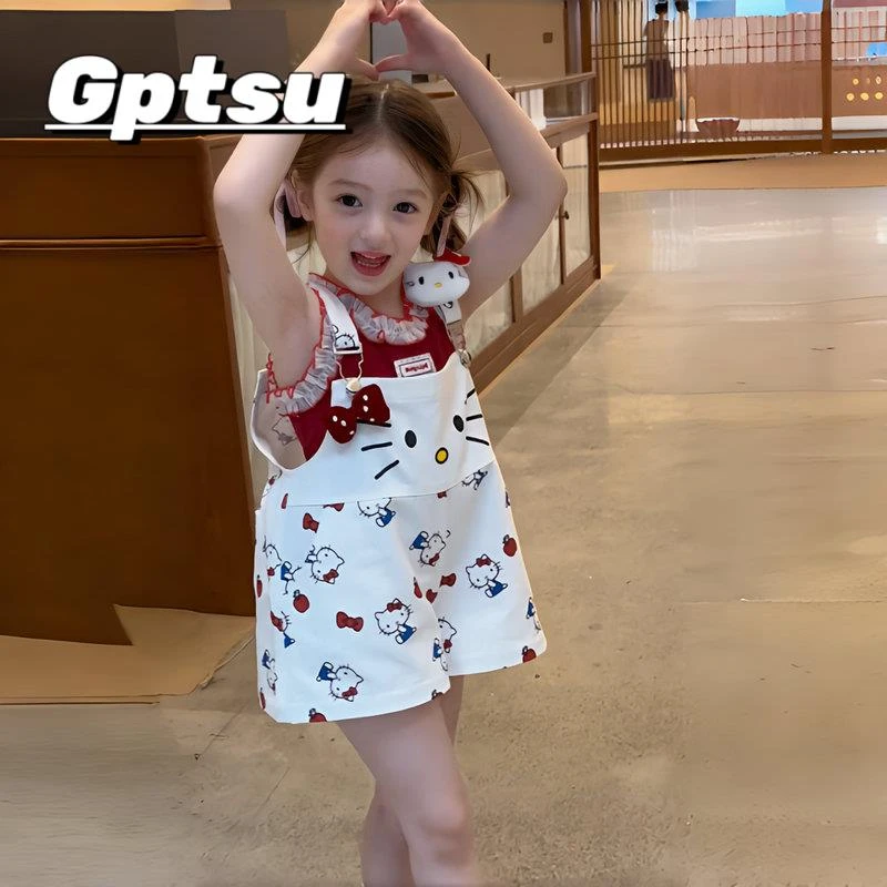GPTSu女童夏季套装2025新款儿童夏日绝美背心kt猫背带裤两件套夏