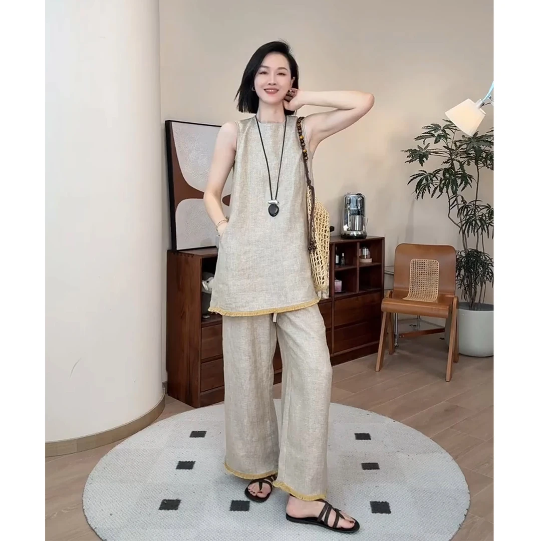 老钱风高端亚麻无袖套装女夏季复古极简时尚背心连衣裙长裤两件套