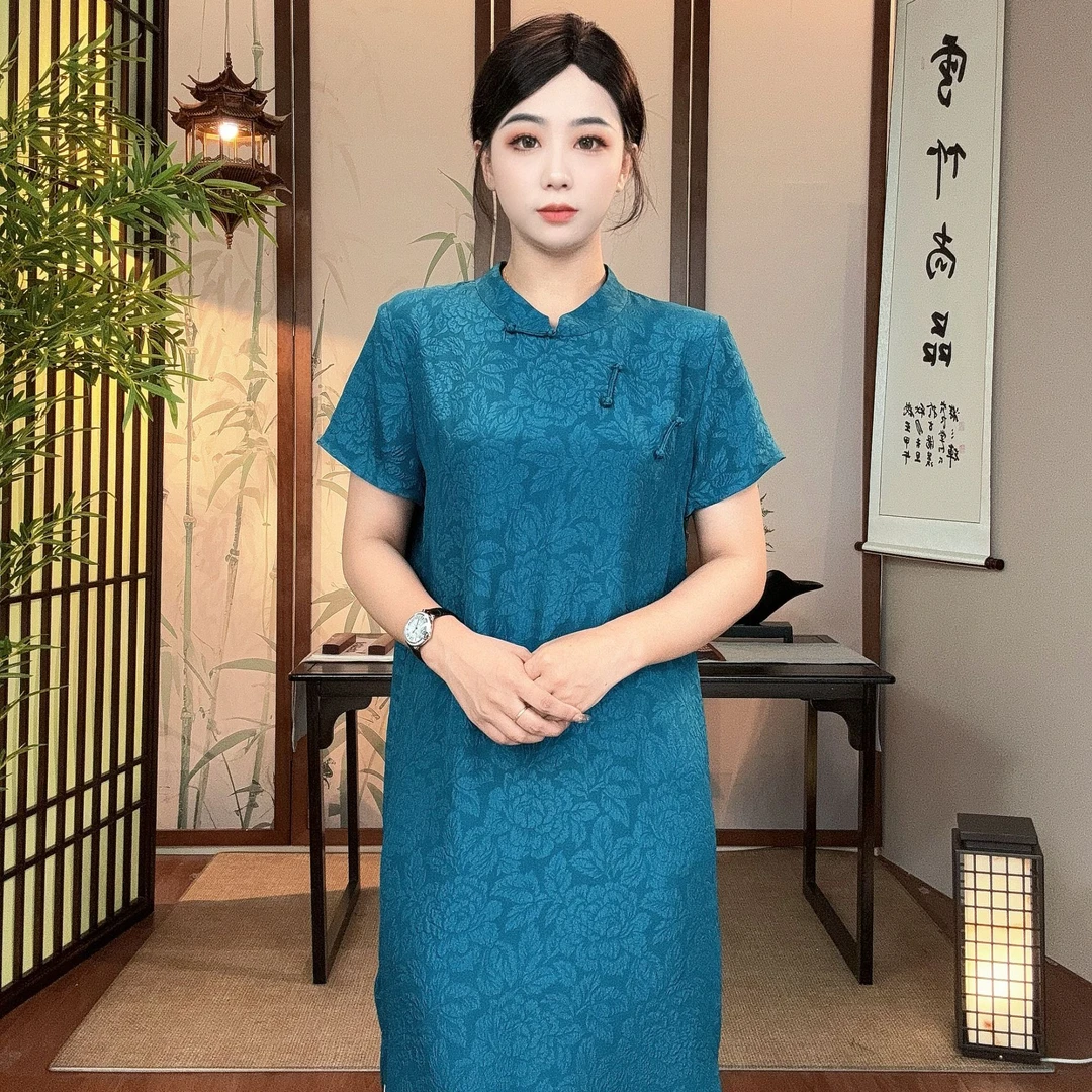 可心 真丝冠乐绉桑蚕丝立领宽松旗袍HQ2013