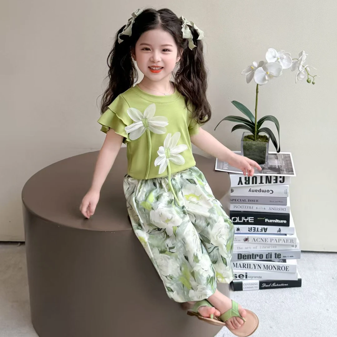 女童2025夏季网红套装新款儿童碎花阔腿裤两件套洋气休闲短袖
