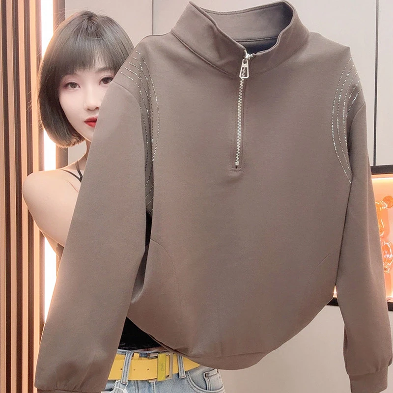 秋冬欧货潮流半拉链立领卫衣个性时尚烫钻宽松长袖咖色休闲上衣女