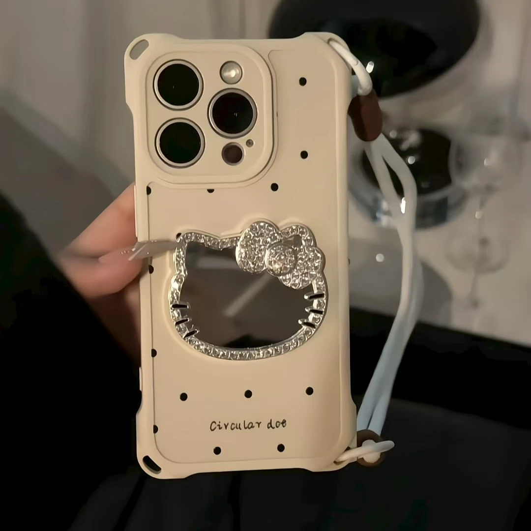 防摔挂绳壳镜面闪钻猫咪适用iPhone16promax苹果15pro手机壳14p13