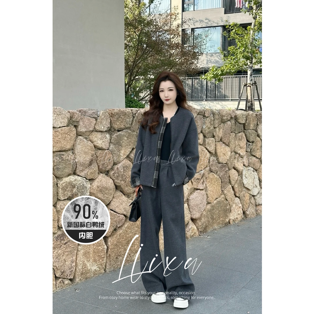 Liixu秋冬毛呢套装女羽绒内胆外套高腰阔腿裤两件套L48TZ037