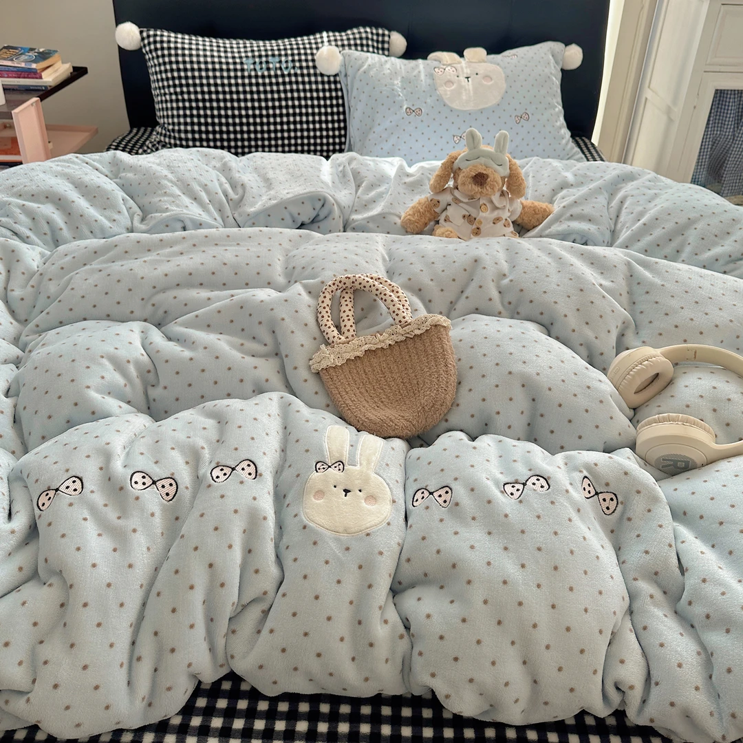 喜番｜毛球可爱兔系列 冬季加厚保暖牛奶绒三件套四件套 学生ins风