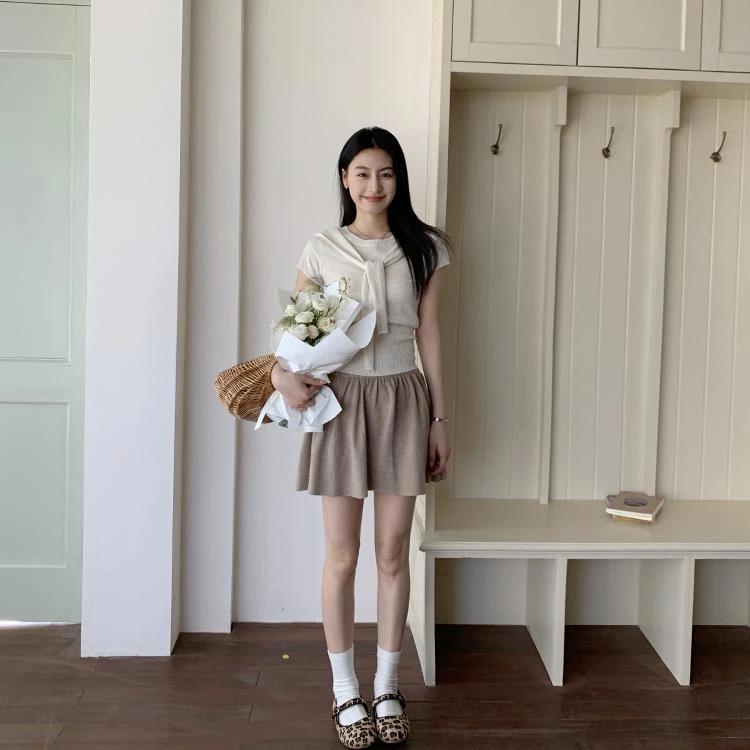 MAXMENT韩系温柔感假两件披肩短袖收腰显瘦针织上衣+半身裙套装女