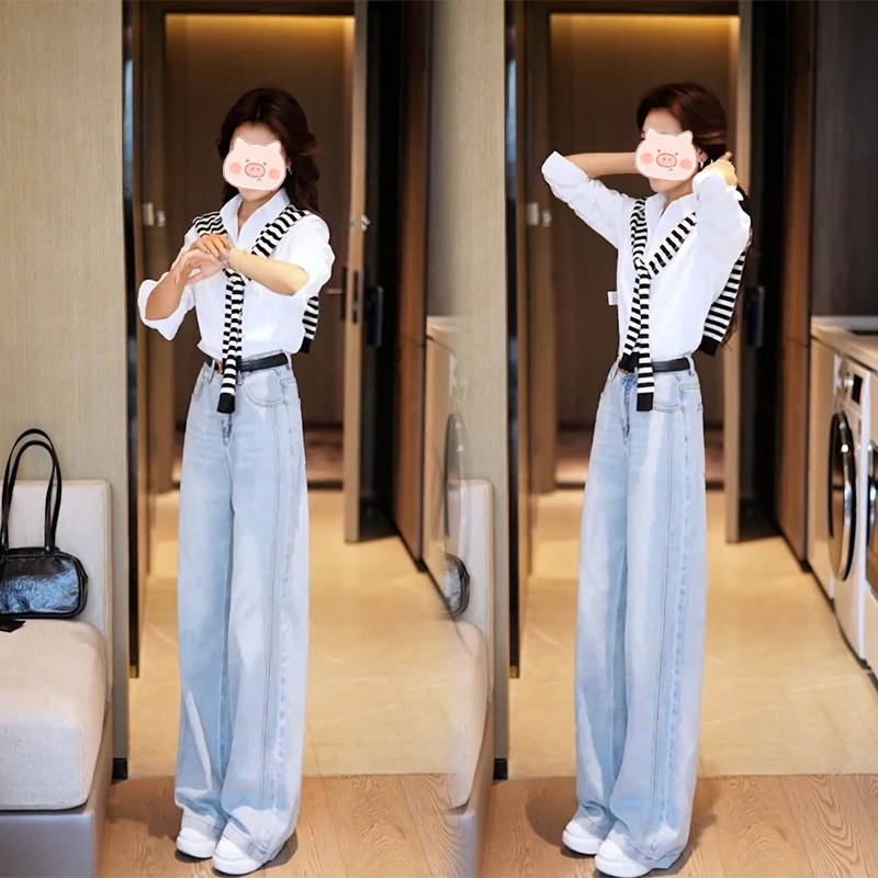 高级感气质百搭polo领衬衫女春秋款爆款韩版遮肉显瘦牛仔裤两件套