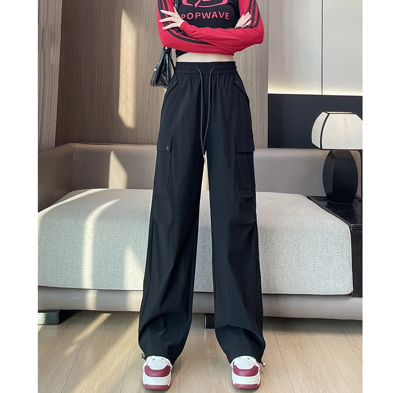 黑色窄版工装裤女春秋2025新款高腰直筒美式休闲小个子运动登山裤