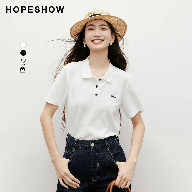 红袖2025夏季新款女装撞色白色正肩POLO领套头T恤90125100207