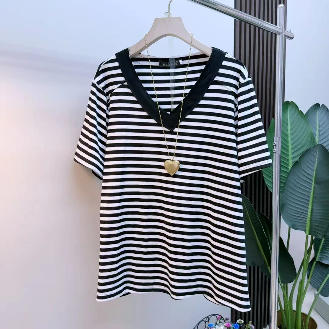 胖mm时尚气质显瘦遮肉减龄百搭韩版条纹3828宽松潮流洋气女人衫