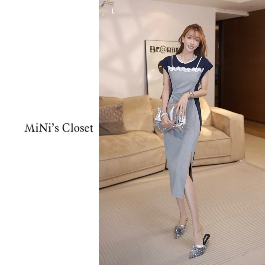 【MiNi推荐】新款高级感时尚蕾丝拼色修身连衣裙收腰裙子女JE2211
