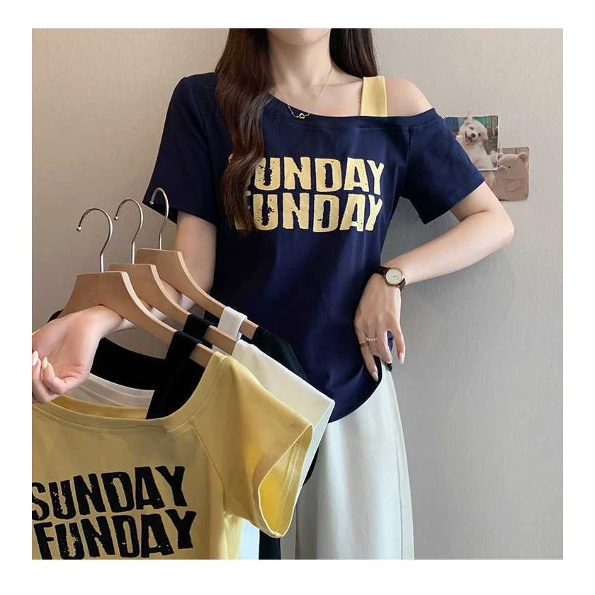 2025夏季斜肩吊带撞色字母休闲印花短袖桖时尚宽松显瘦百搭韩版
