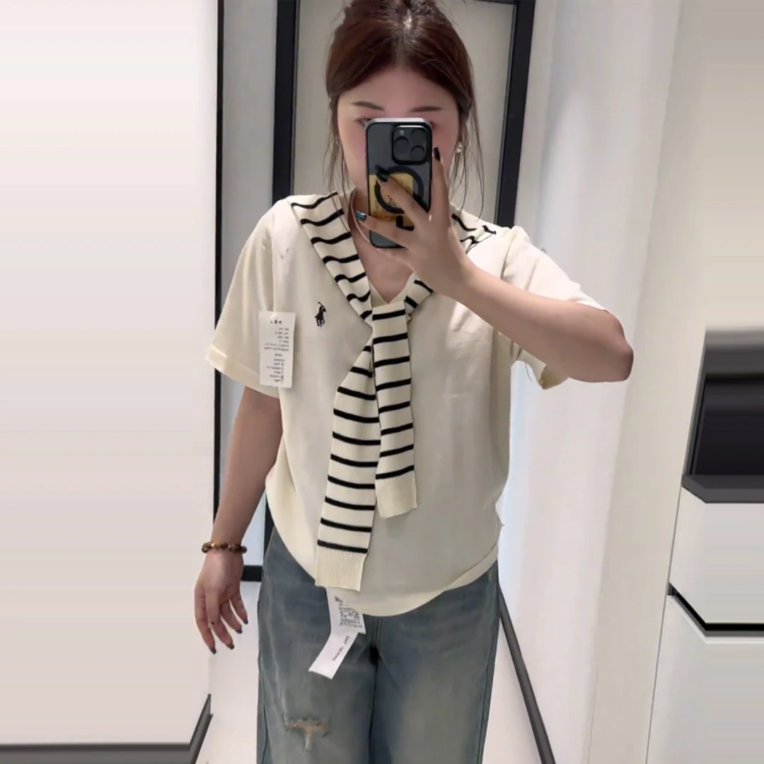 【大码】假两件披肩短袖针织女夏季大码胖mm条纹打底衫上衣821-