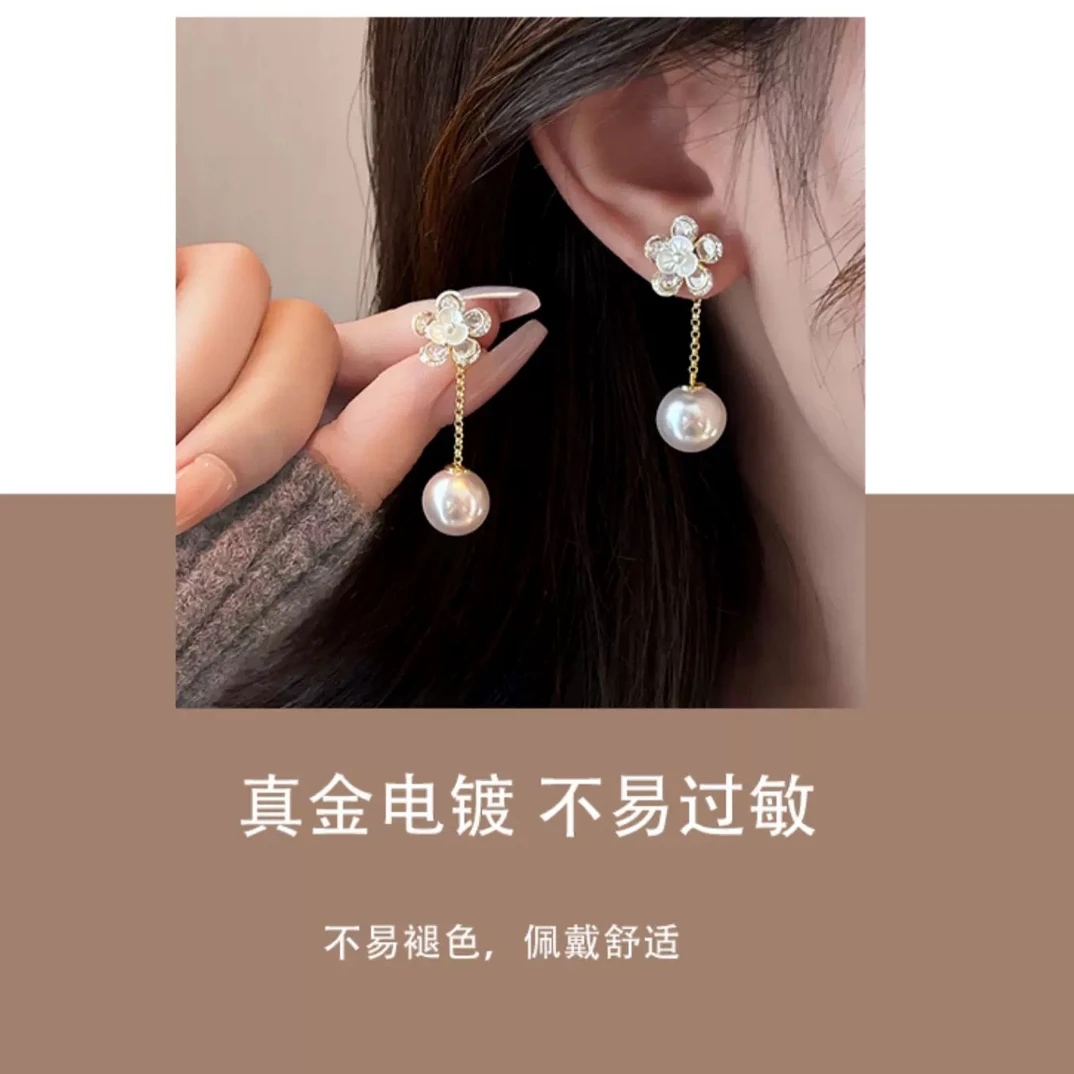 800银陶瓷耳饰 长款流苏锆石球吊坠耳环纯银针个性精致耳饰