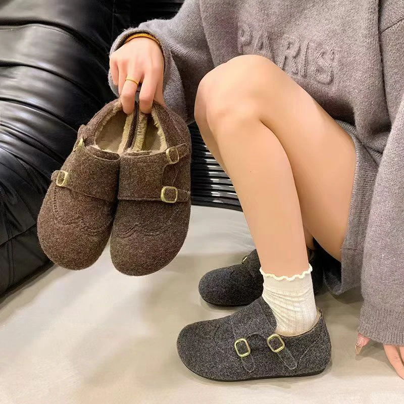 冬季新款加绒毛呢圆头平底内增高一脚蹬勃肯鞋女百搭保