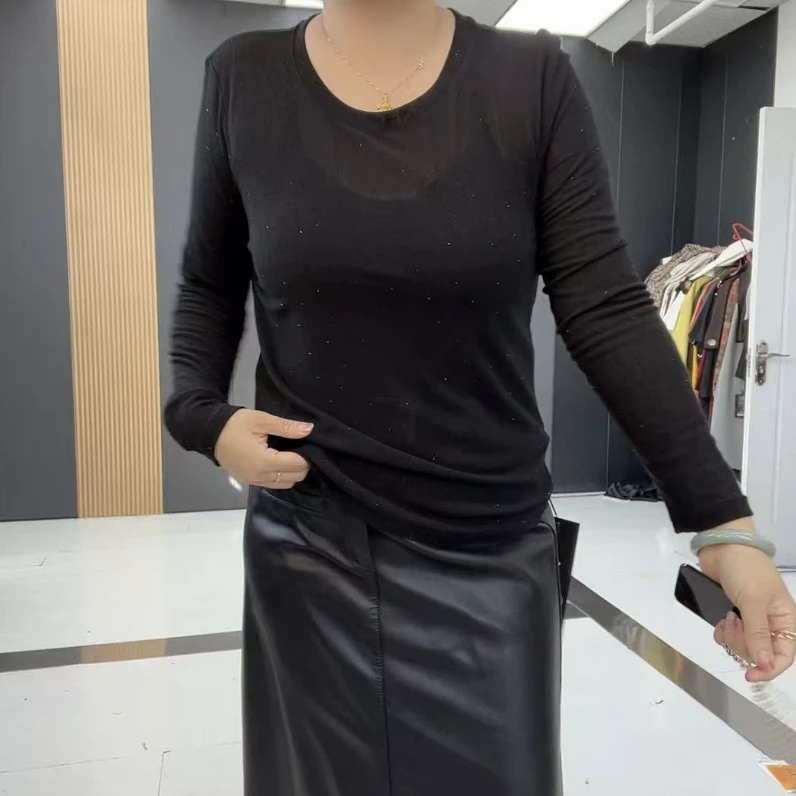 QY68375早秋新款微透亮星显瘦大码长袖打底衫