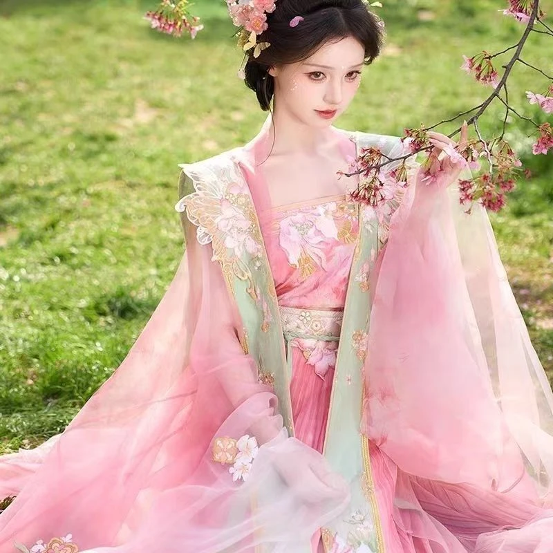 【春花映】  粉色荷花霞帔 仙女风宋制吊带 拖尾大袖