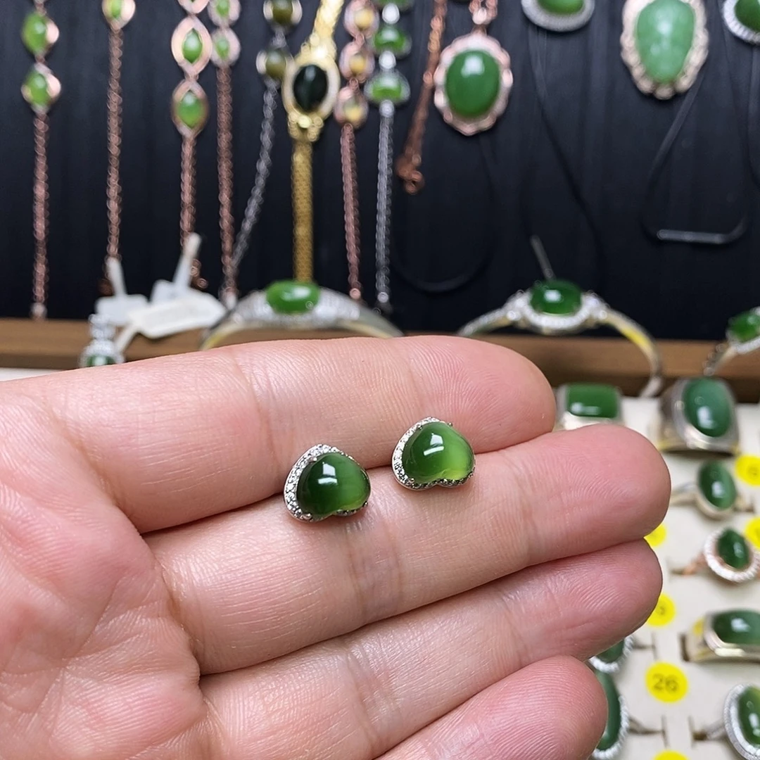 银S925镶嵌和田玉（碧玉）耳饰