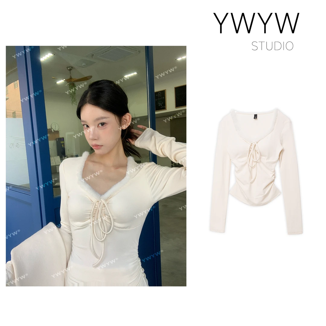 【YWYW25S/S】毛绒包边V领胸垫一体抽绳配饰百搭修身打底体恤3583