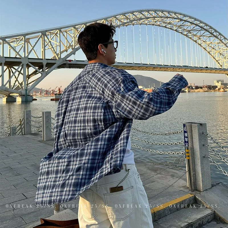 OXFREAK 「精选法兰绒」cleanfit蓝白格纹长袖衬衫男宽松格子衬衣