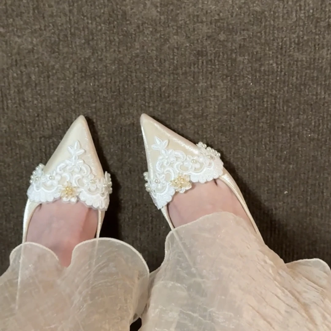 法式婚鞋女主秀禾婚纱两穿2025新款绝美高跟鞋细跟新娘珍珠不累脚