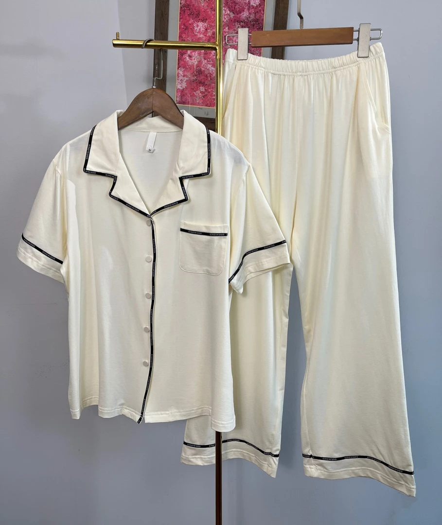 2025新款短袖薄款家居服套装夏季长裤轻奢大码翻领女士春夏睡衣