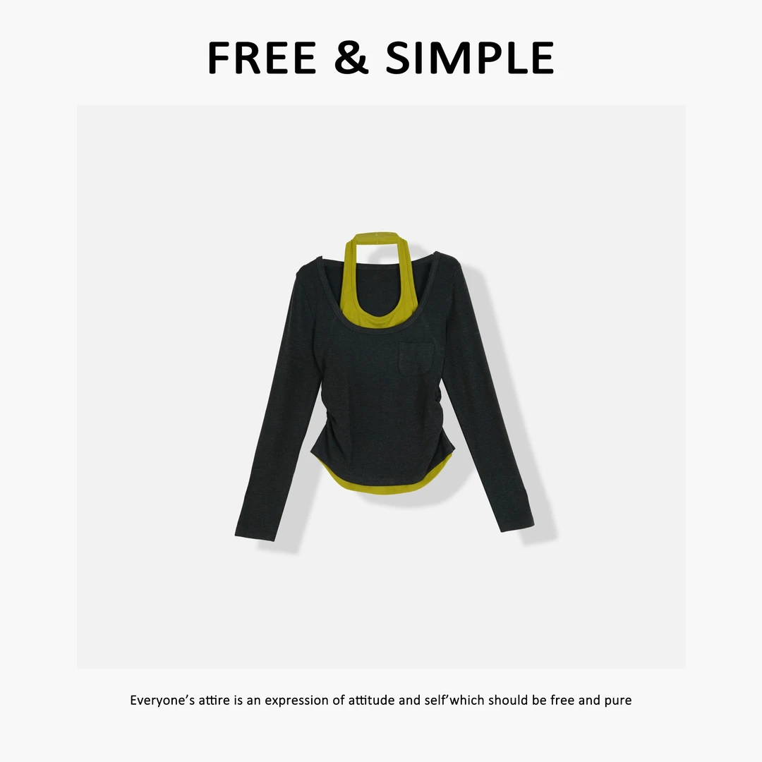 Free&Simple-‘晨暮之诗’早秋款极简小众设计感拼接挂脖T恤-8214