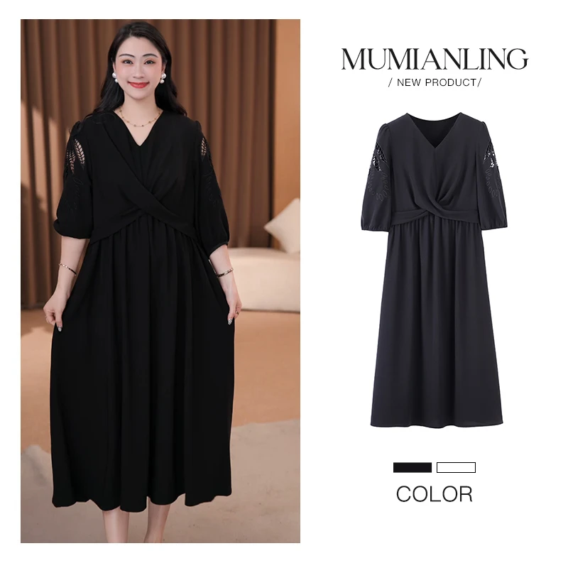 木棉林大码女装黑色气质连衣裙交叉腰线设计感显瘦裙子ZB7013