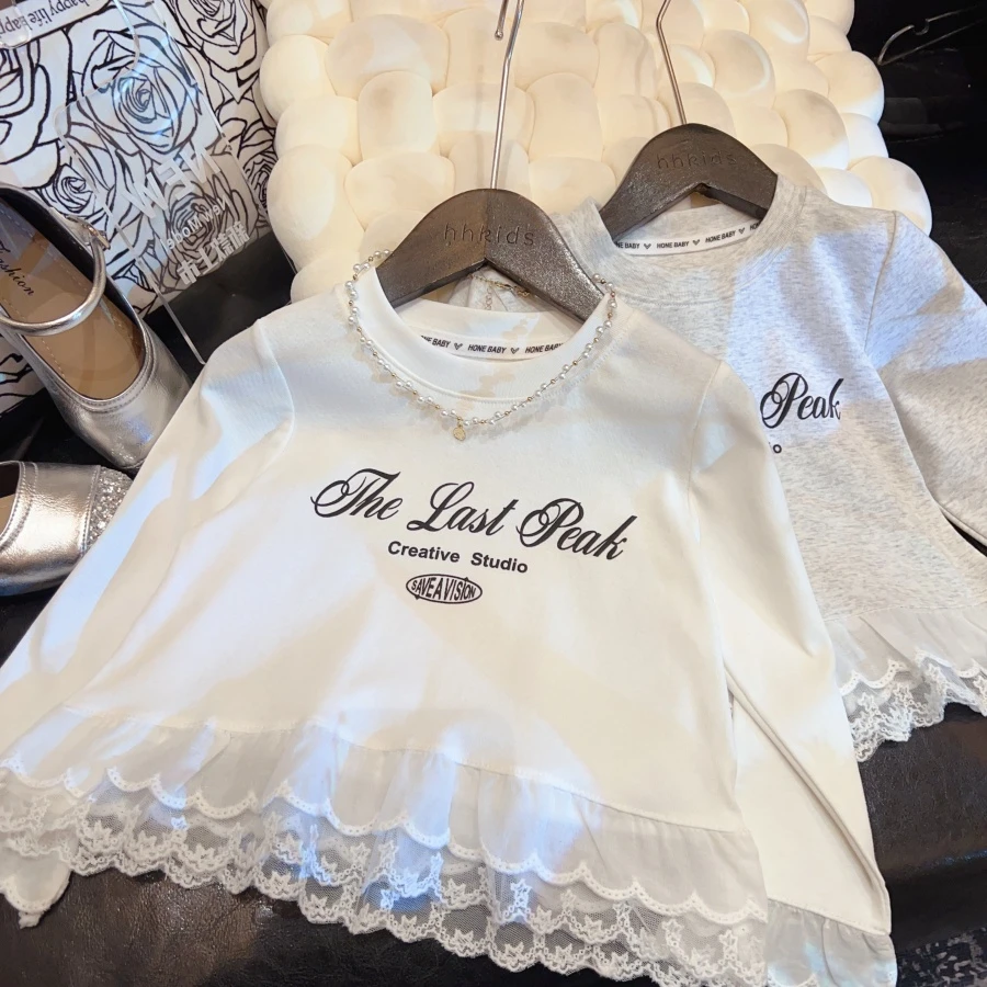 HHkids女童T恤2025春季新款儿童韩版拼接蕾丝长袖百搭上衣HCT019