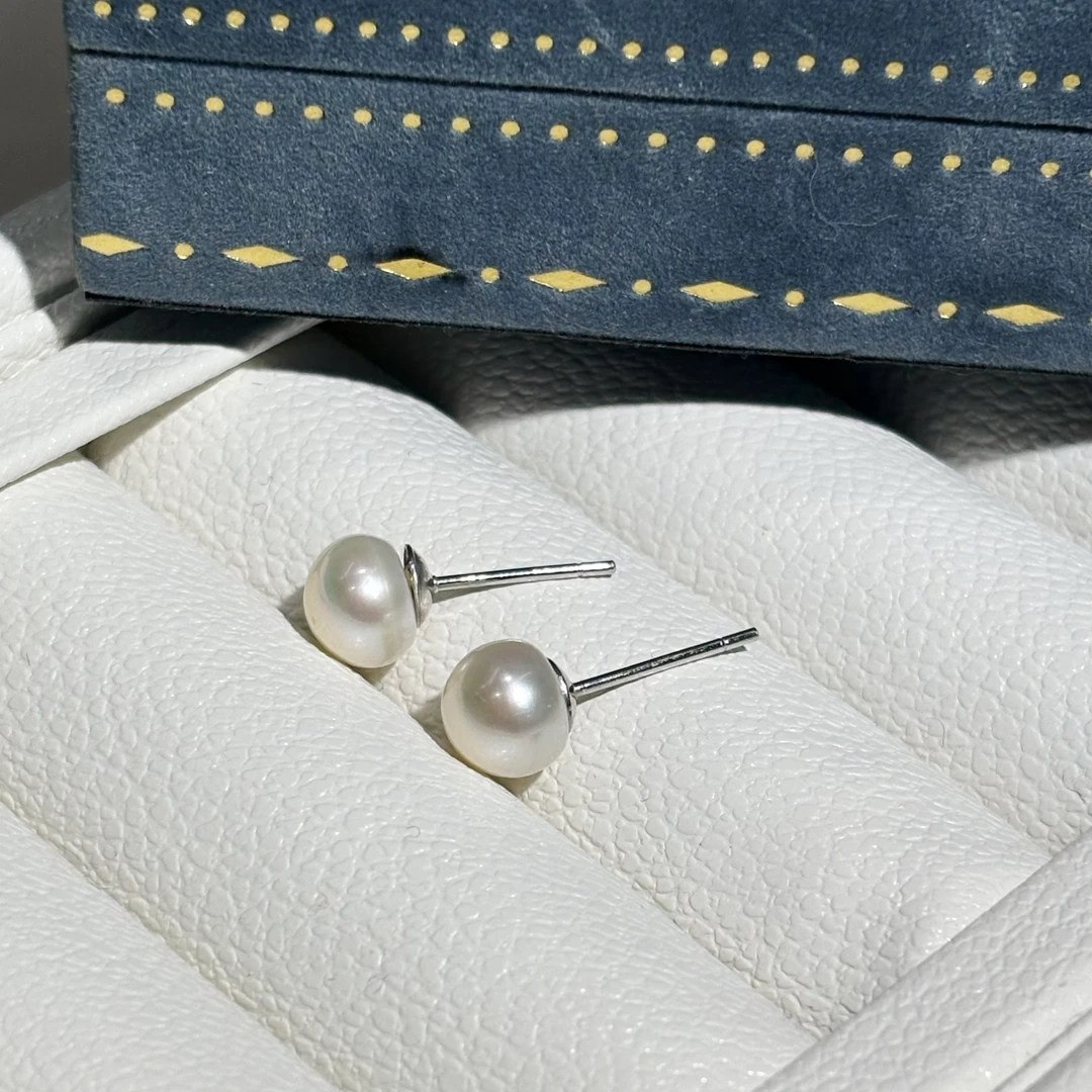 天然无核淡水珍珠素银耳钉6-7mm百搭时尚款白色珍珠耳钉空姐点位