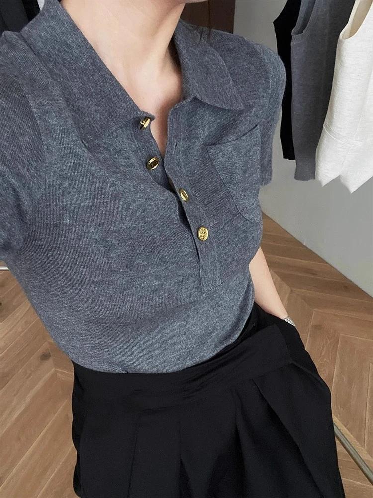 法式Polo领灰色短袖针织衫女夏季高级感时尚气质正肩t恤上衣