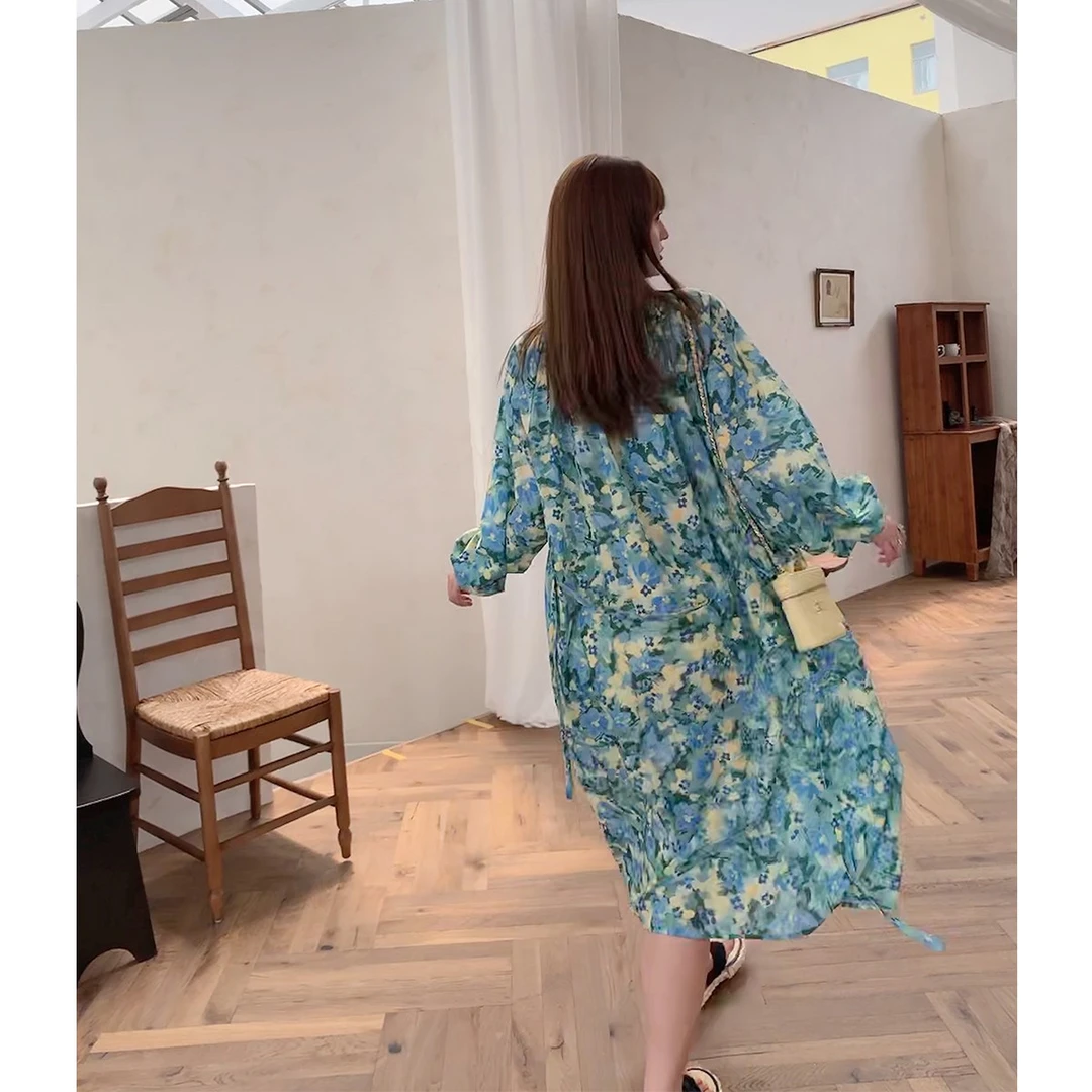 晶咕白标~鸢尾花田～油墨画花色连衣裙夏季宽松气质时尚印花长裙