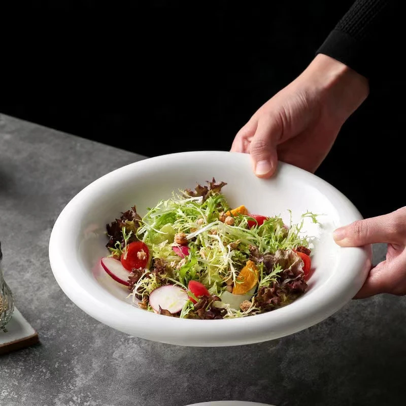 宜呈高档酒店纯白色陶瓷盘子ins高颜值反口盘子饭店深盘鼓形圆盘